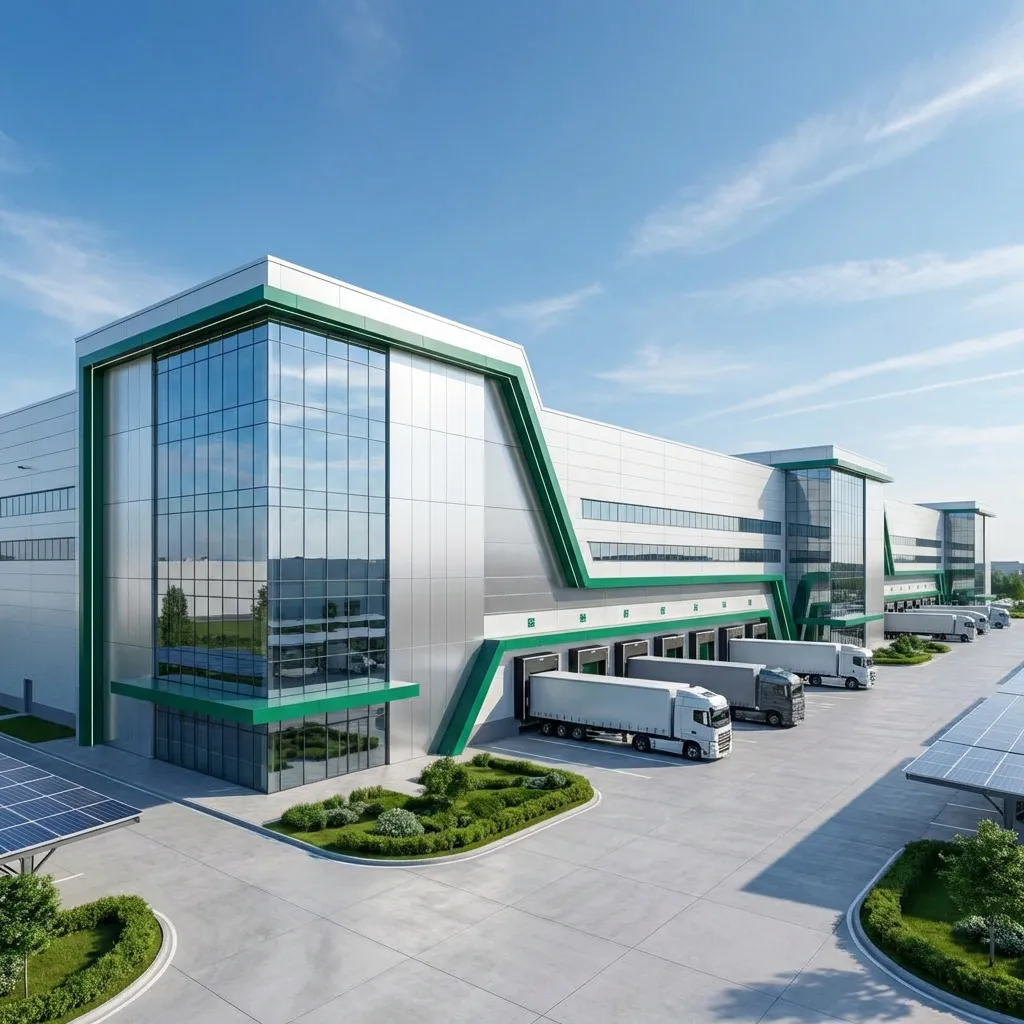 Fachada de centro logístico industrial de diseño avanzado y alta eficiencia